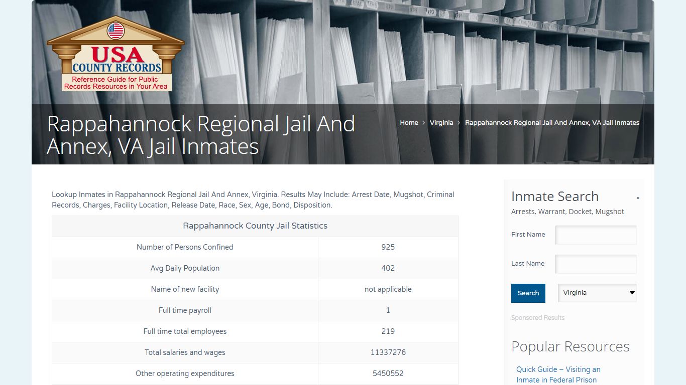 Rappahannock Regional Jail And Annex, VA Jail Inmates
